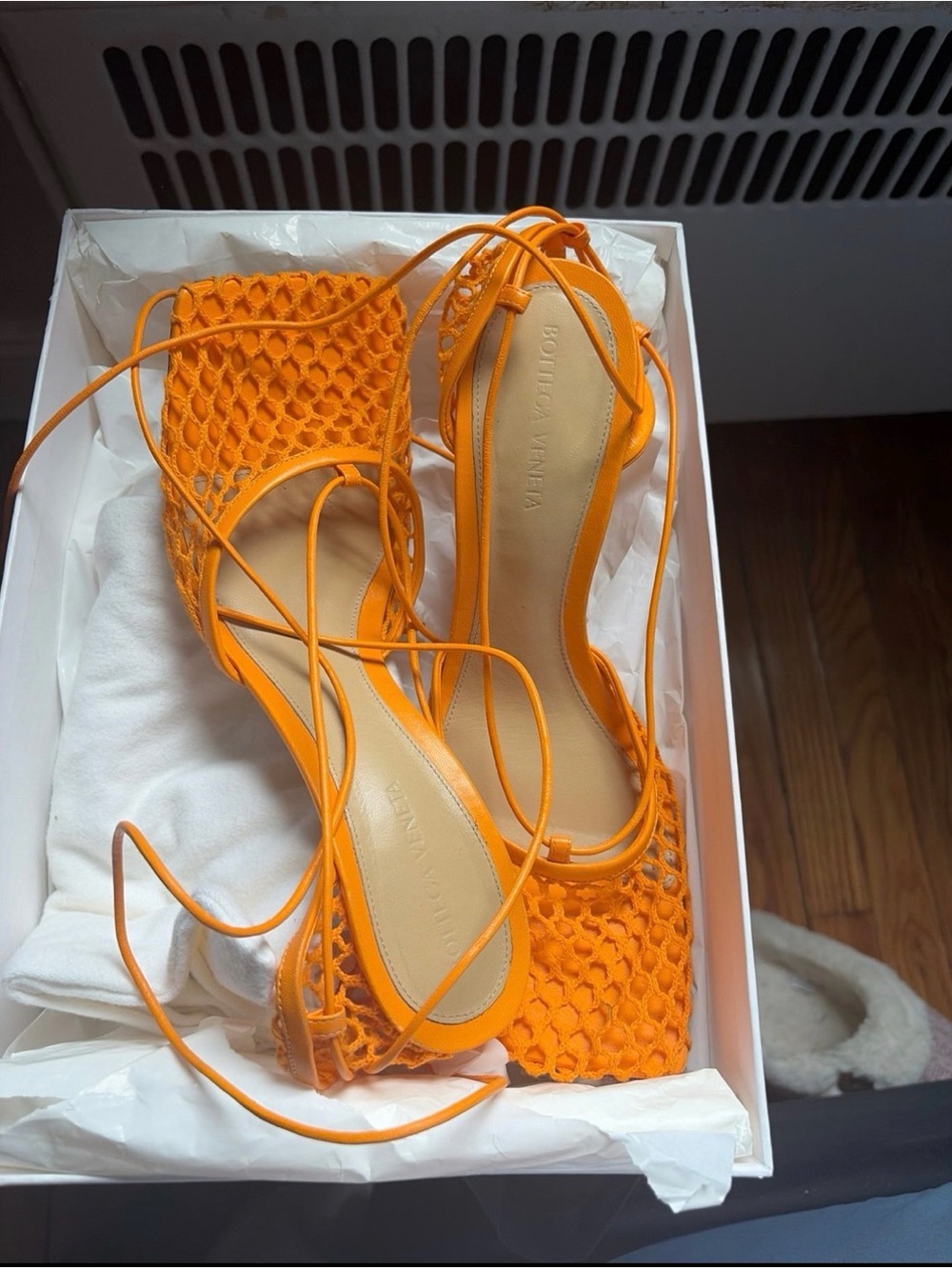 Bottega Veneta Orange Mesh Lace-Up Square-Toe Heels - Picture 2 of 6